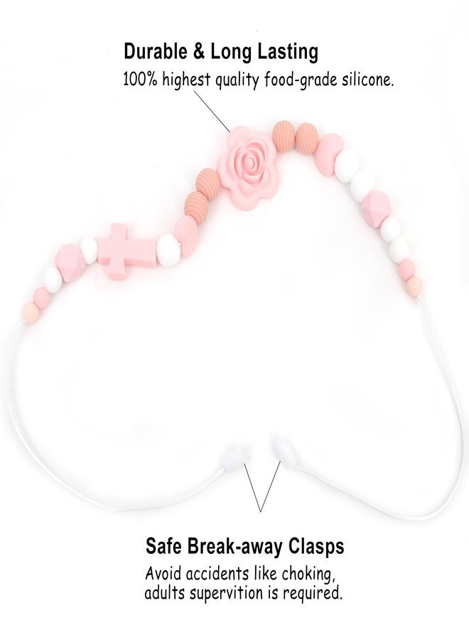Jissoo Pink Rose Cross Silicone Nursing Necklace - Breastfeeding Supplies, Baptism Party Decorations, Newborn Sensory Necklaces - Image 4